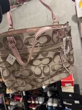 Coach Beige Signature Tote with Pink Leather Trim